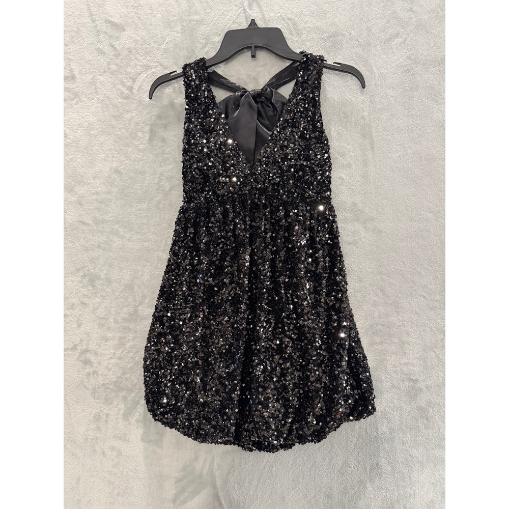 NWT Emerald Sundae Sequin Mini Dress Womens Black Satin Bow Open Back Sz S $89 - Picture 3 of 13